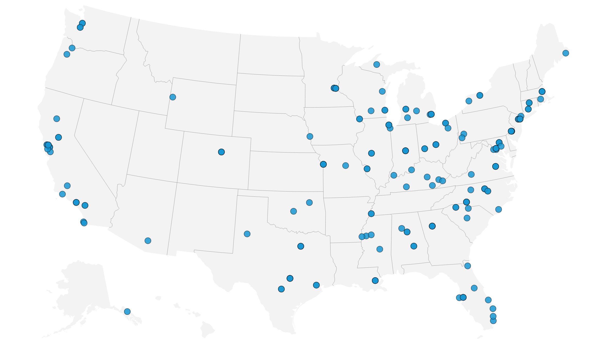 Map of the United States with blue dots pointing out the places Urban has worked with communities